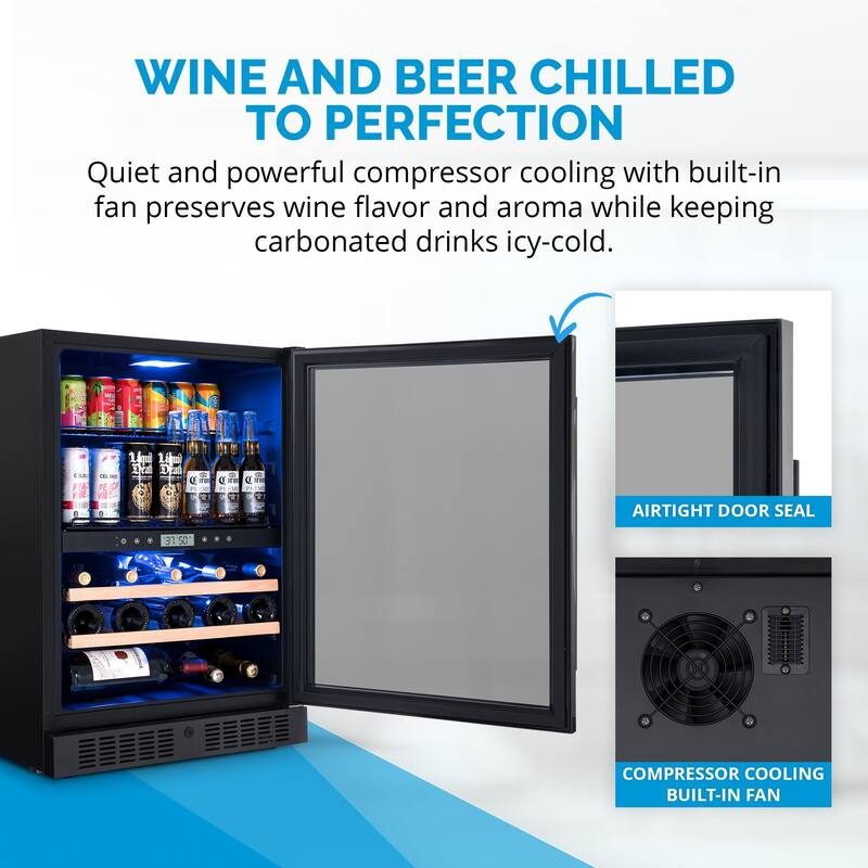 Newair Wine and Beverage Splitshelf Refrigerator, 24 Bottles and 100 Cans, Splitshelf Built-in Counter or Freestanding Fridge