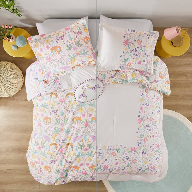3 PCS Twin Floral Reversible Cotton Comforter Set with Throw Pillow Purple