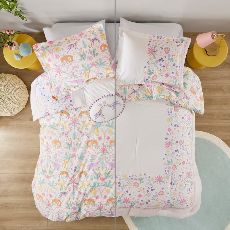 4 PCS Full/Queen Floral Reversible Cotton Comforter Set with Throw Pillow Purple
