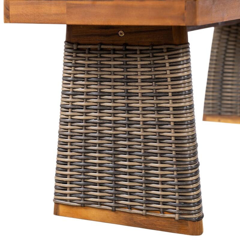 Outdoor Acacia Wood Bench(Set of 2), Teak Finish+ Grey Wicker