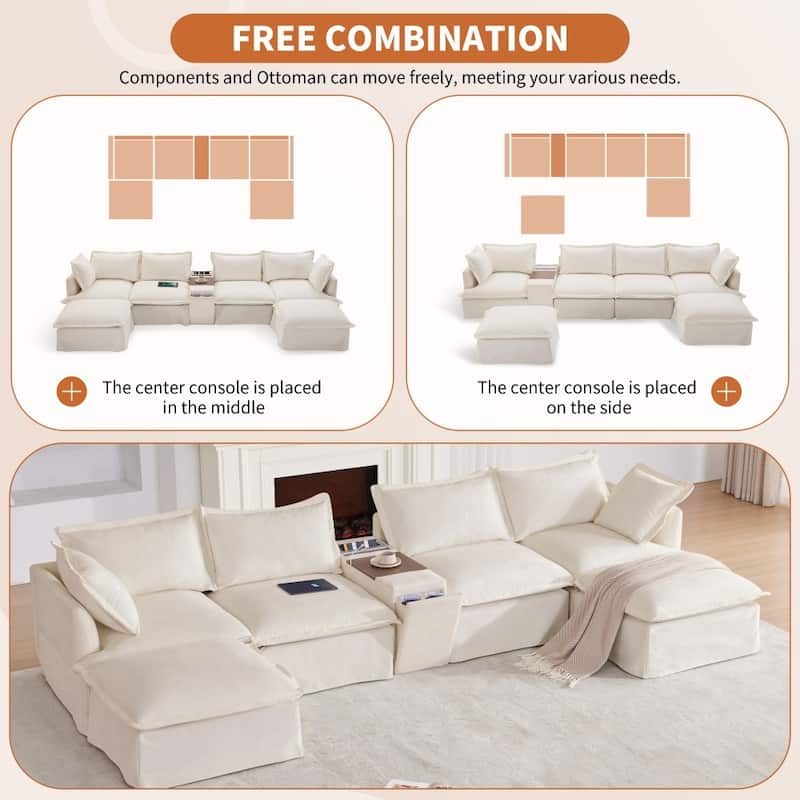 131''Modern U-shape Modular Chenille Sectional Sofa with Movable Ottoman and Cup Holder