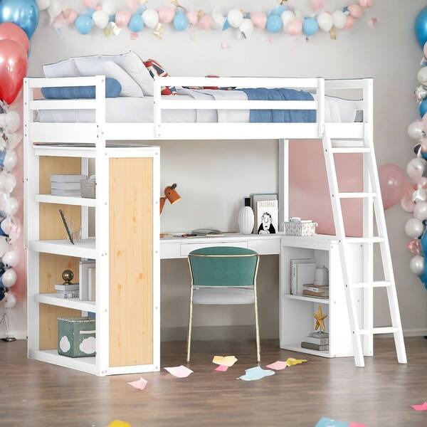 slide 2 of 25, Multi-Functional Twin Size Loft Bed with Ladder, Shelves and Desk, Space-saving, Health and Comfort, Sturdy Construction, White White