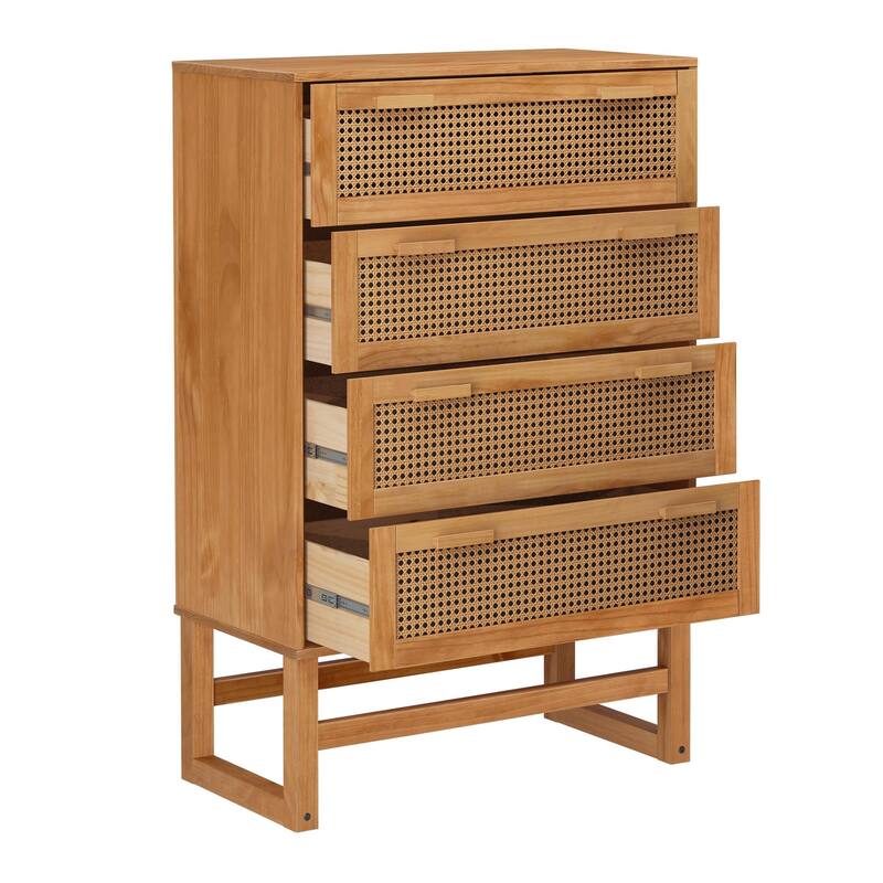 Roomfitters Talo 4-Drawer Dresser with Woven Rattan Drawer Fronts, Boho Style Storage, Natural Finish