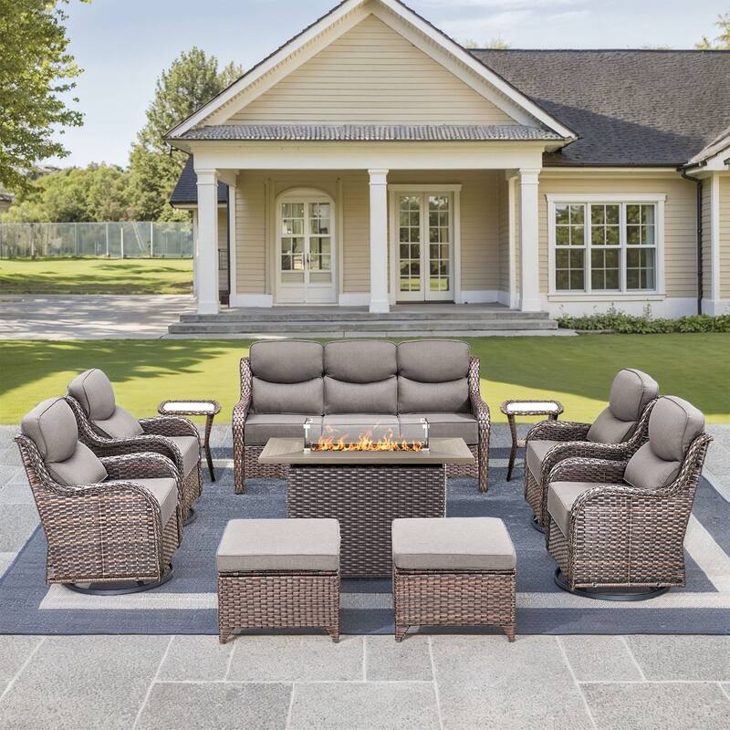 Pocassy Outdoor 6 Inch Sofa Chair Ottoman with Fire Pit Table Set - Brown Wicker Gray Cushion - 10 Pieces Sofa Chair Ottoman Table w/ Fire Table