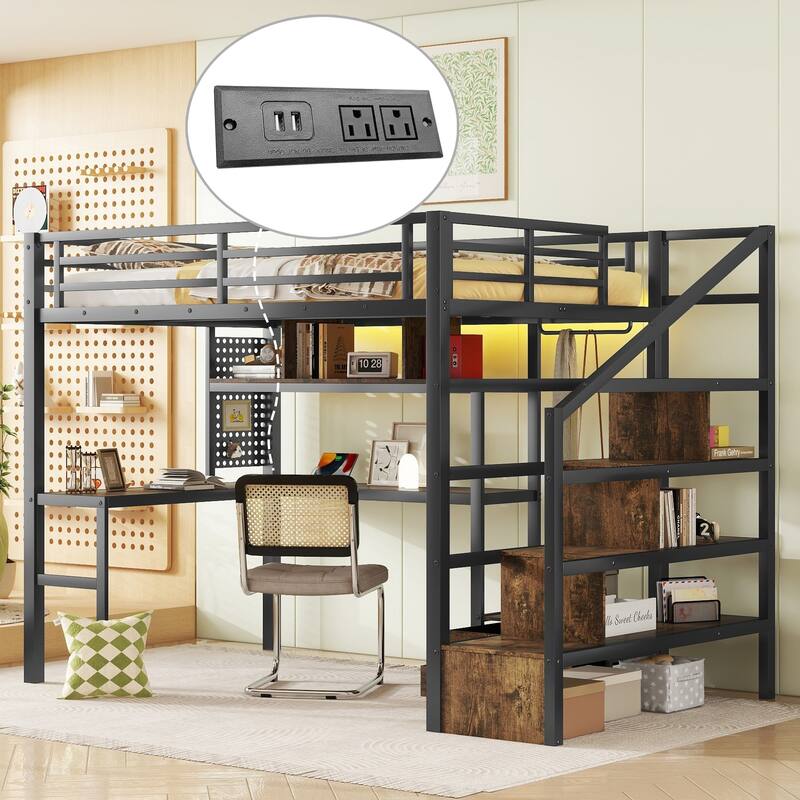 Full Size Metal Loft Bed with LED Lights, Charging Station, Desk & Staircase Storage - Black