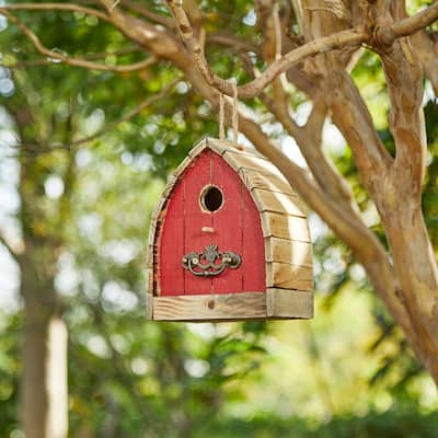 Glitzhome 8.5"H Washed Red Distressed Solid Wood Birdhouse