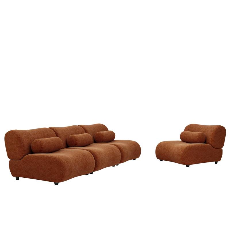 Chenille Modular 4-Seater Sectional Sofa Set with Cylindrical Pillows and 70° Reclined Backrest