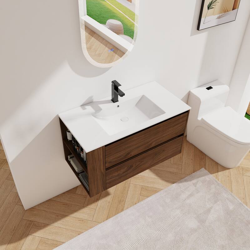 Contemporary 36-Inch Bathroom Vanity Cabinet with Adjustable Side Shelf, Soft-Close Drawers & Ceramic Sink - 35.9in L Plywood