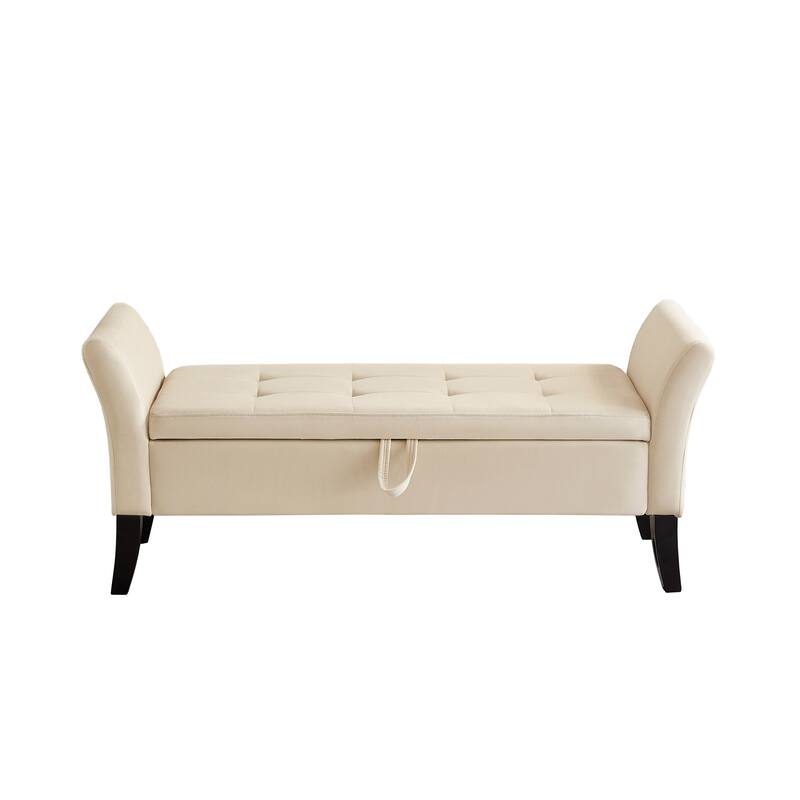Ottoman Bench Leisure Bench with Solid Wood Legs and Armrests, Upholstered Flip End of Bed Bench with Safety Hinges