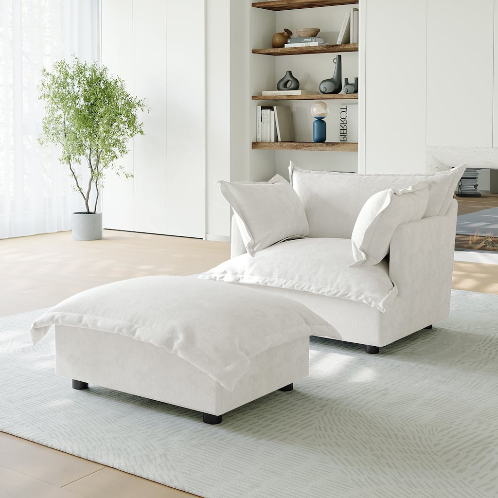 39"W Oversized Chenille Comfy Cloud Chaise Lounge with Ottoman