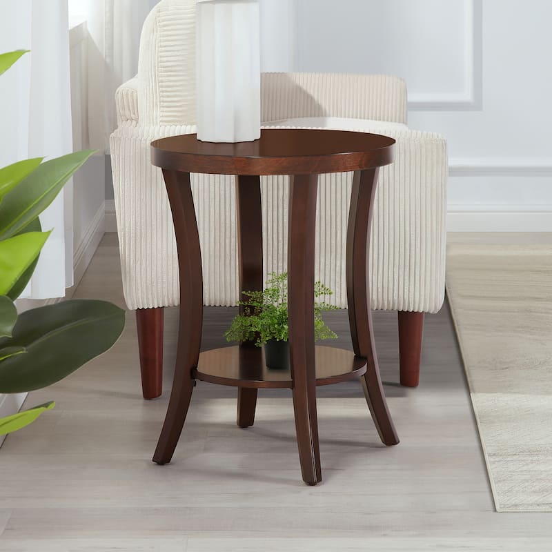 Round End Table with Shelf Curved Legs and Spacious Two-Tier Storage Veneer Finish Accent Table for Living Room - 18