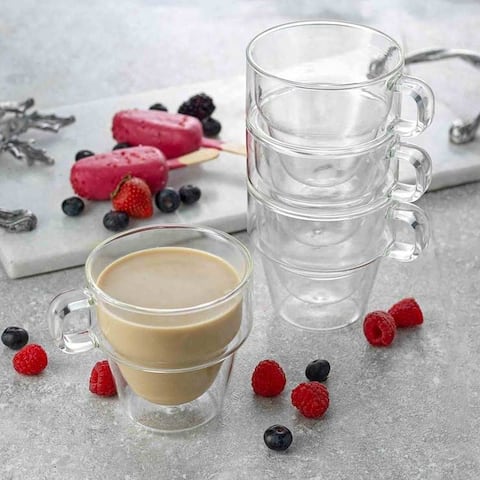 JoyJolt Stoiva Stackable Double Wall Insulated Espresso 5 oz Glass Cups, Set of 4