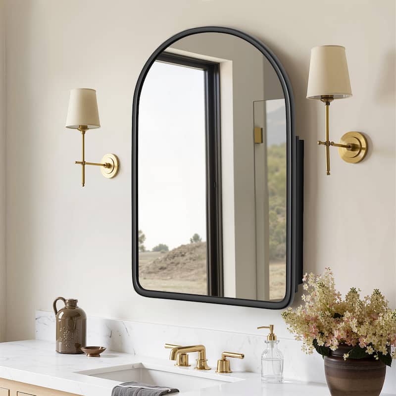 Arched Bathroom Medicine Cabinet with Mirror Wooden Framed Wall Mounted Recessed Cabinets for Bathroom Vanity