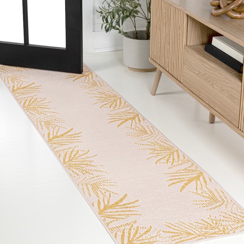JONATHAN Y Beckett Coastal Cottage Palm Frond Border Blue/Cream Indoor/Outdoor Area Rug
