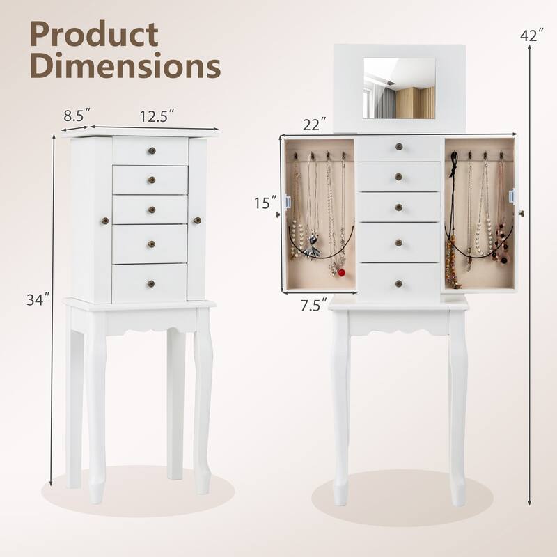 Gymax Mirrored Armoire Jewelry Cabinet Free Standing Organizer Storage - See Details