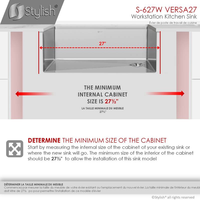 STYLISH 27 inches Workstation Single Bowl Undermount 16 Gauge Stainless Steel Kitchen Sink with Built in Accessories Handmade