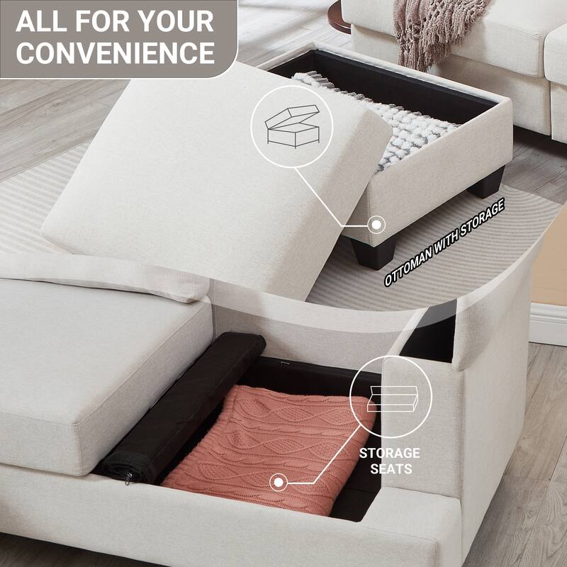 L Shaped 3 Seats Sofa with Armrest Organizer, Linen Sectional Sofa with Movable Ottoman, Comfy Upholstered 3 Seater Couch,