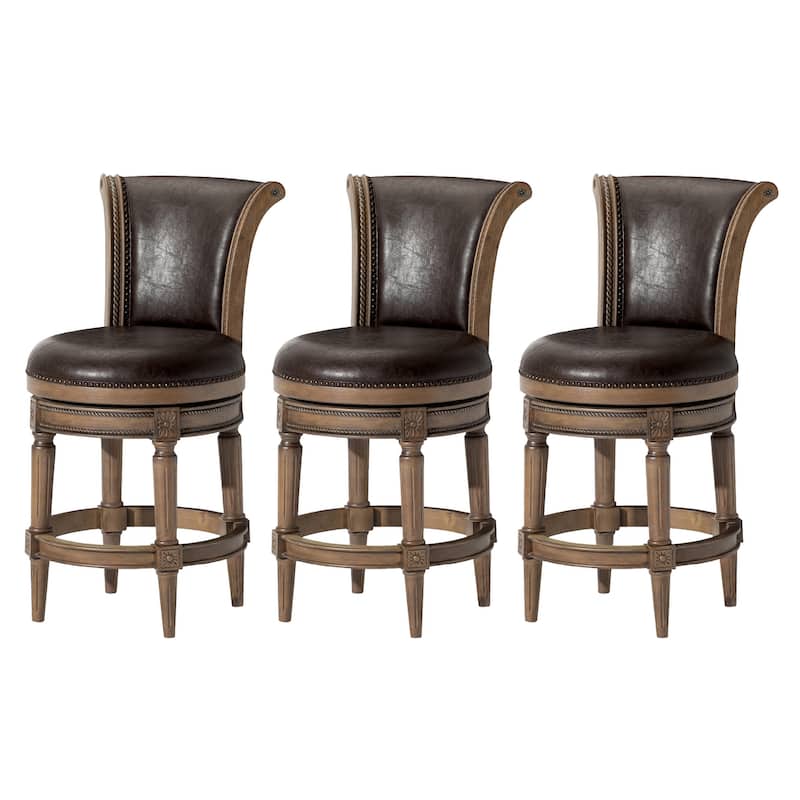 Maven Lane 26" Pullman Swivel Counter Height Kitchen Stool - Set of 3 - Walnut Vegan Leather.
