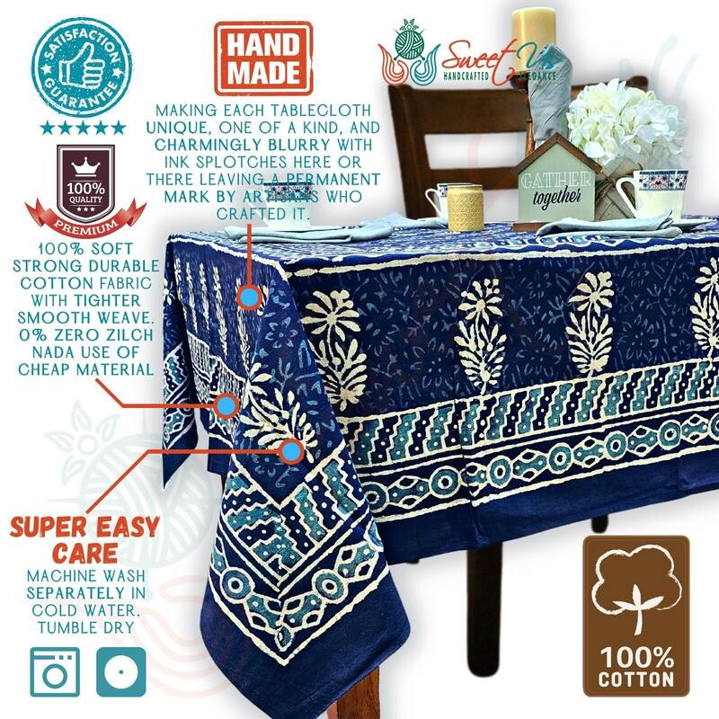 Dabu Floral Hand Block Print Cotton Tablecloth Rectangle Collection