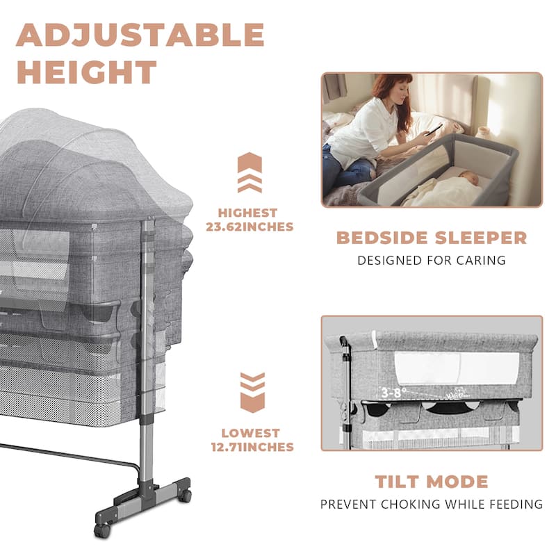 Adjustable Height Baby Bedside Sleeper Crib with Removable Mosquito Net Cover and Wheels