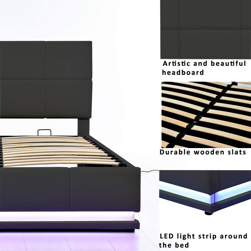 Full Size Tufted Upholstered Platform Bed with Hydraulic Storage System,PU Storage Bed with LED Lights and USB charger