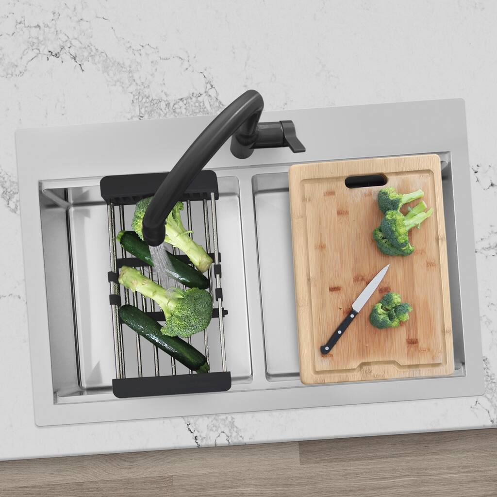 AZUNI 31.25 inch Top Mount Double Bowl Stainless Steel Ledge Workstation Kitchen Sink Handmade - 31.25" x 20.2" x 9"