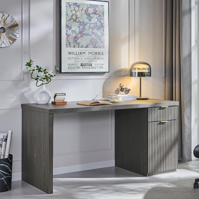 60" Modern Executive Desk, Wood Home Office Desk, Fluted Computer Desk