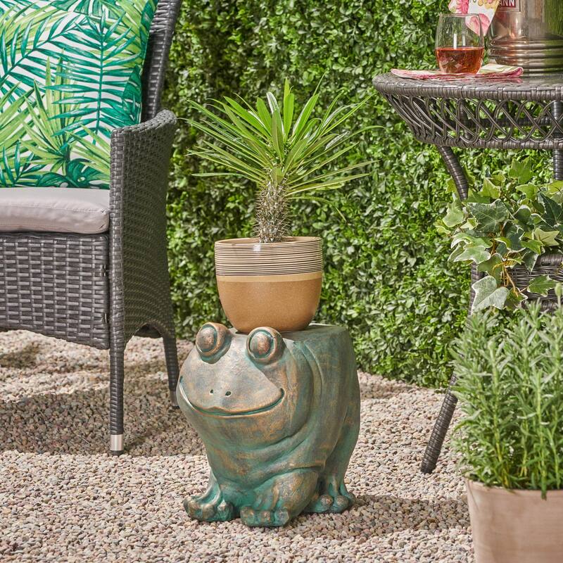 Roomfitters 13-Inch Dawn Frog Garden Stool, Lightweight Concrete Outdoor Accent Table with Copper Patina, Antique Green - Antique Green