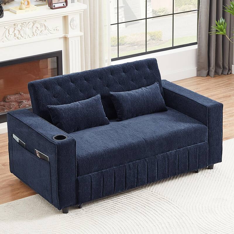 Chenille Pull-out Sofa Bed Convertible Couch, Loveseat Sofa with Adjustable Backrest, Storage Rack, Cup Holders, USB Ports
