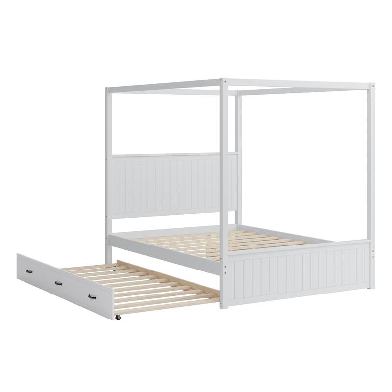 Canopy Platform Queen Size Bed with Trundle Bed and 3 Drawers, 4-Post Solid Wood Bed Frame with Headboard Wingback Bed