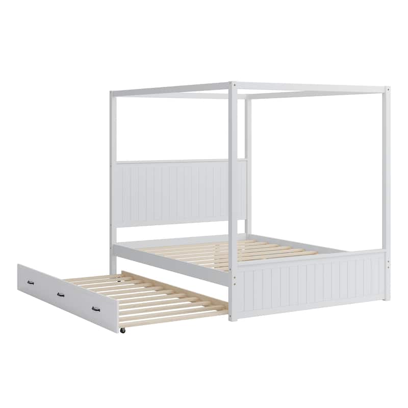 Queen Size Platform Canopy Bed with Trundle Bed and 3 Drawers Storage Bed, 4-post Solid Wood Bed Frame with Wingback Headboard