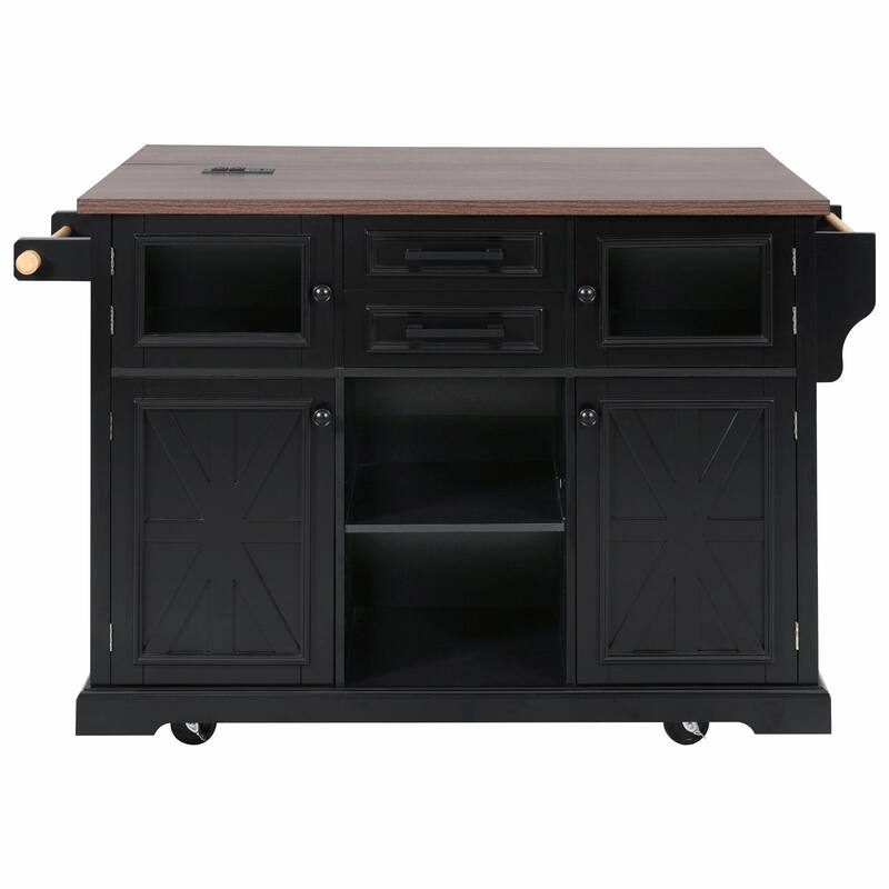54.9" Kitchen Island with Drop Leaf, Power Outlet, Kitchen Storage Cart