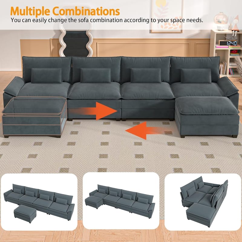 Kullavik Cloud Chenille L-Shaped Sofa, Modular Sectional Sofa with Ottoman, Throw Pillows and Double Layered Cushion