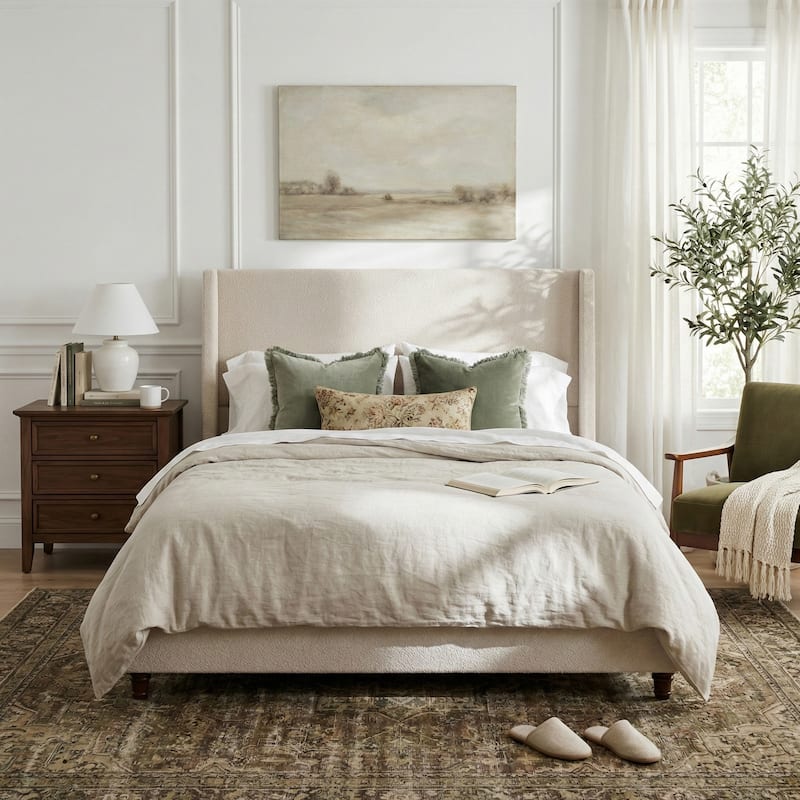 Christopher Knight Home - Modern 52.7" Tall Wingback Boucle Upholstered Platform Bed Frame with Solid Wood Legs & Slat Support