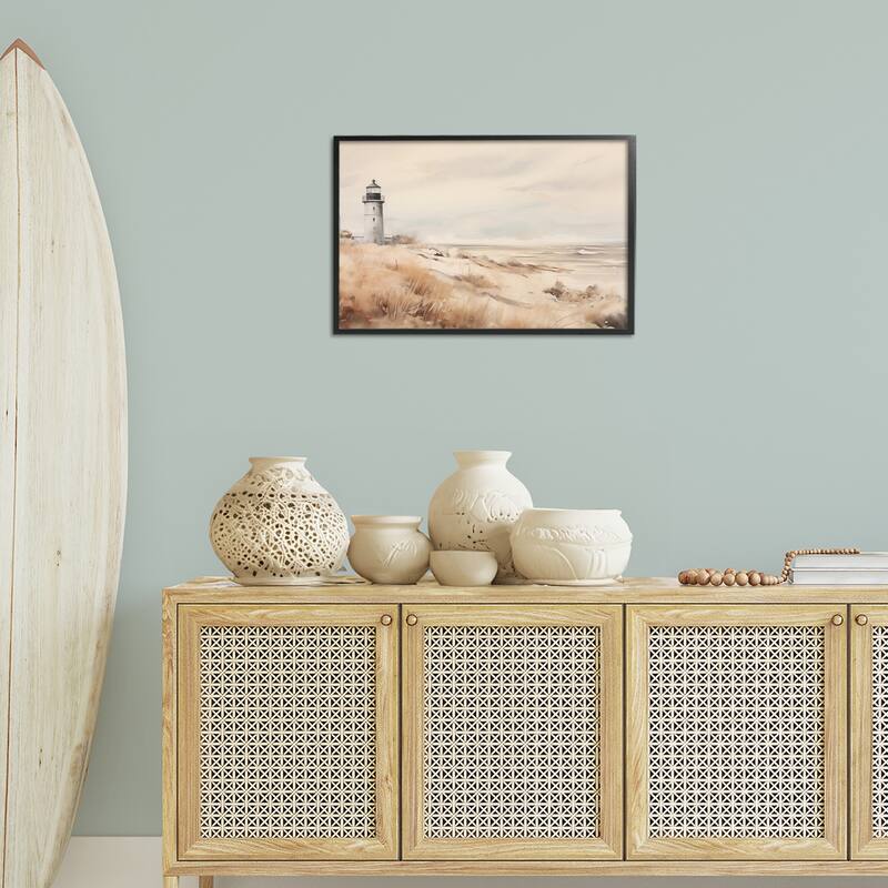 Stupell Distant Lighthouse in Neutral Tones Framed Giclee Art Design By Arlington Prints