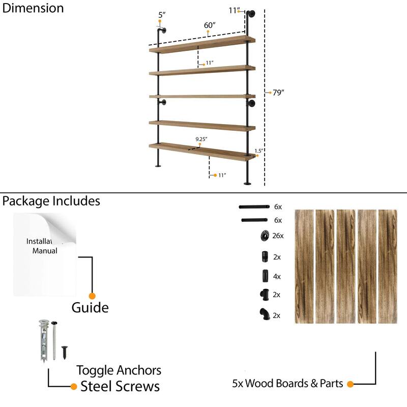 Wallniture 60" x 9.25" Pipe Bookcase, Industrial Book Shelving Unit, Hanging Shelves for Home Organization, Farmhouse, 5 Tier