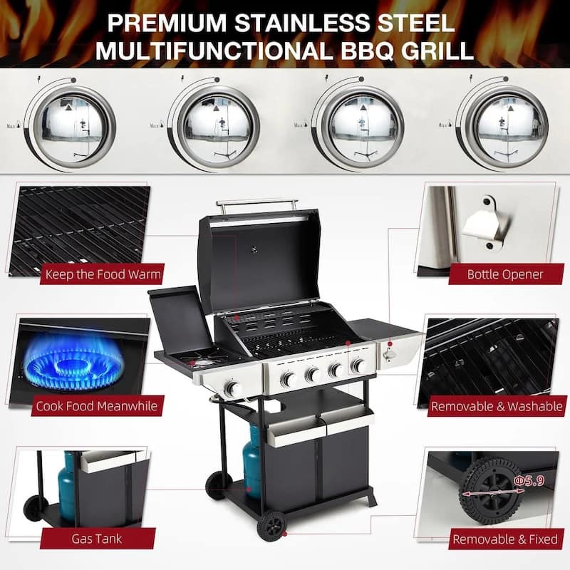 EROMMY Outdoor Propane Gas Grill - 58,000 BTUs Stainless Steel Patio Barbecue with Burner, Side Table, and Stove,Black - N/A