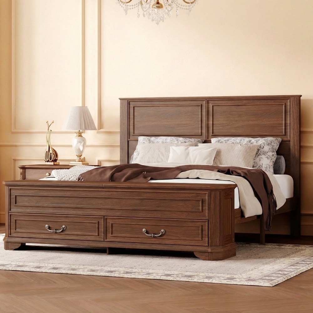 Farmhouse Style Bed with Headboard and Storage Bench with 2 Large Drawers,