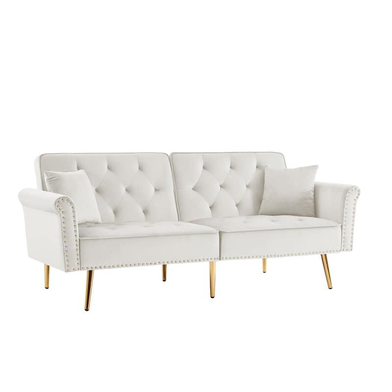 Velvet Loveseat, Upholstered Deep Seat Sofa w/2 Pillows & Nailhead Trim 2-seat Armchair Tufted Sofa for Living Room