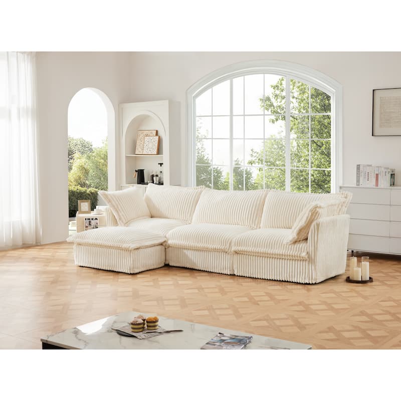 Modern Modular Deep Seat Sofa with Removable Corduroy Covers and Plush Cushions for Living Room and Guest Room - Cream