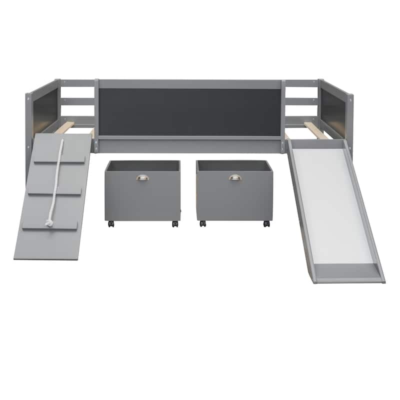 Twin size Loft bed Wood bed with Two Storage Boxes - Gray