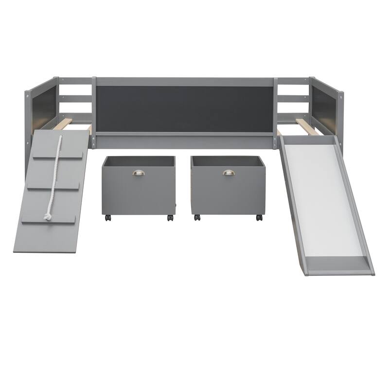 Wooden Twin Loft Bed with Slide, Chalkboards, and Storage - Functional Kids' Bed