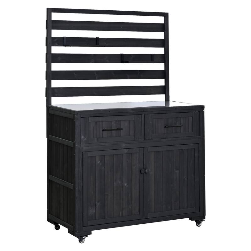 Solid Wood 64.9''Tall Outdoor Kitchen Island Kitchen Cart, Garden Potting Bench with Stainless Table Top for BBQ