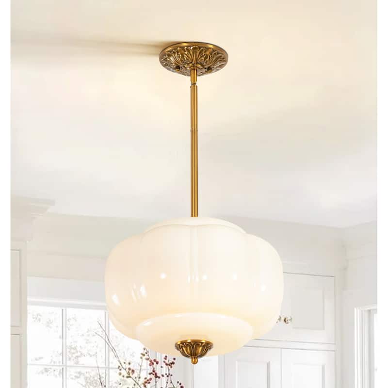 1-Light Retro Antique Brass Pumpkin Shaped Flush Mount Ceiling Light/Pendant Light with Milk/Green Glass for Kitchen,Dining Room