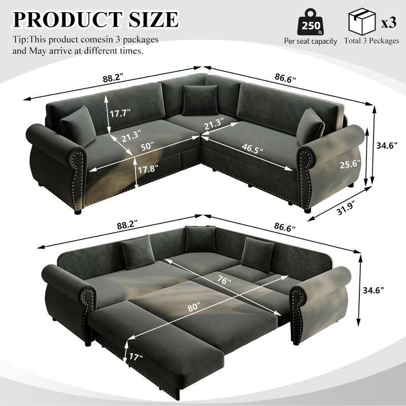 88.2" L-Shaped Sleeper Sectional Sofa with Pull-Out Bed - Chenille Convertible Couch, Nailhead Trim, for Living Room