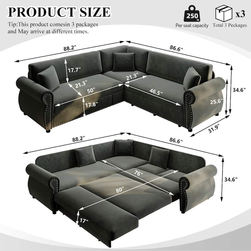 Homy Casa L-Shaped Sectional Sofa w/ Pull-Out Bed, Chenille Sleeper Couch w/ Nailhead Trim & Rolled Arm, Oversize