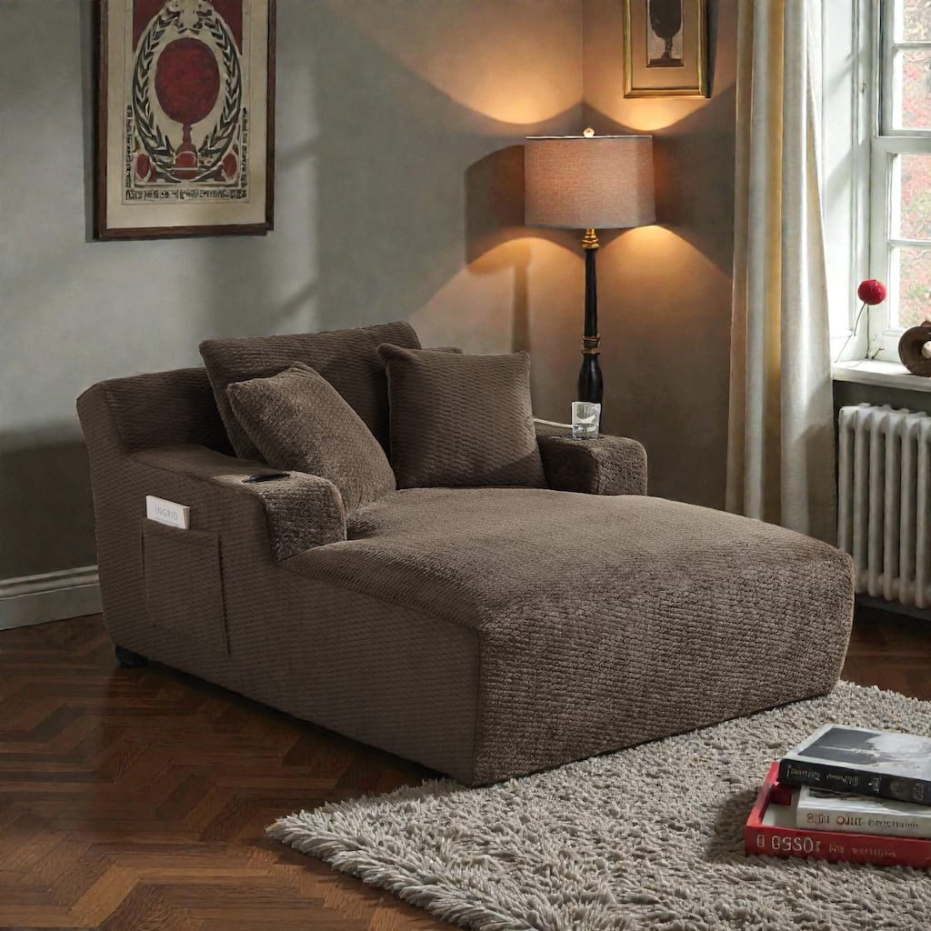 Oversized Chaise Lounge Chair Indoor, No Assembly Sleeper Sofa with Faux Fur Upholstery for Living Room or Office