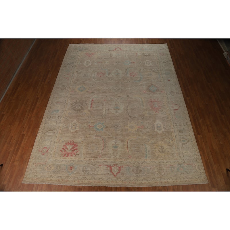 Hand Knotted Oriental 100% Wool Carpet Transitional All-Over Brown Oushak Area Rug - 13' 9'' X 10' 3''