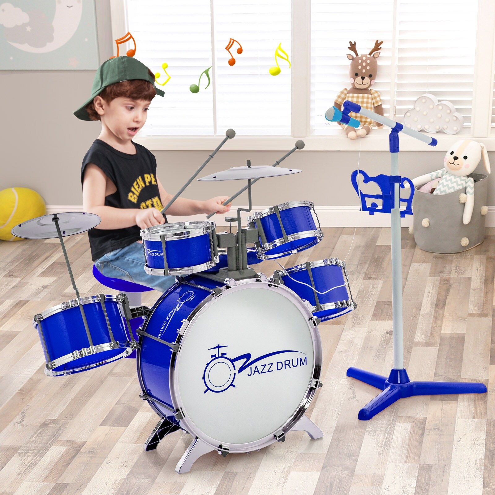 Kids Jazz Drum Keyboard Set with Stool and Microphone Stand 31.5 x 19.5 x 26.5 L x W x H