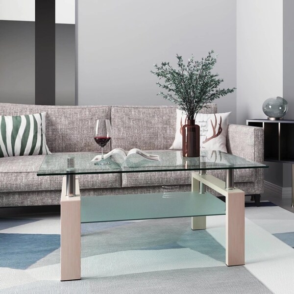 2-Tier Rectangle Black Glass Coffee Table, Clear Coffee Table